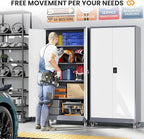 Garage Cabinet with Wheels and Adjustable Shelves, Metal Garage Storage Cabinets with 2 Doors, Storage Caninet with Lock, Large Tool Cabnet for Workshop/Home/Office-(Gray White 75”H)