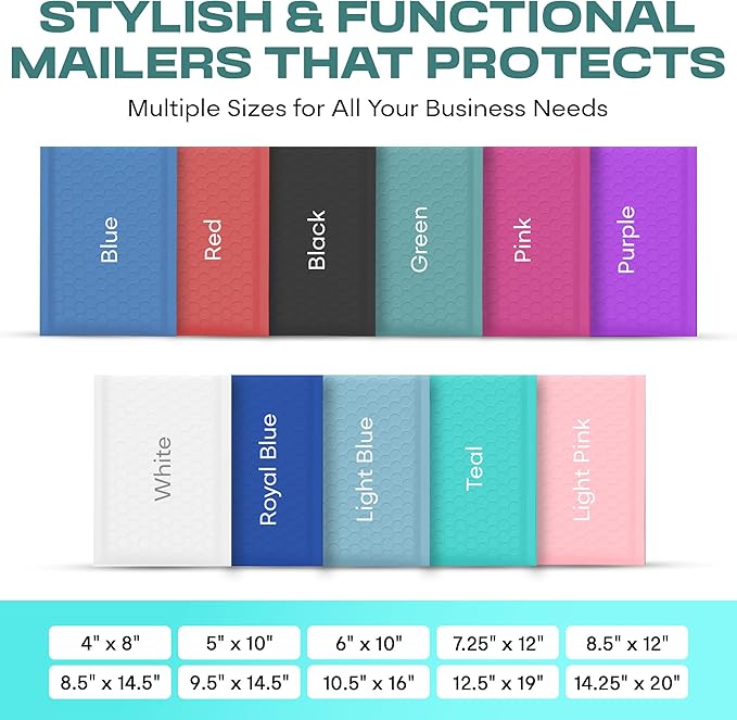 Teal 10.5x16 Inch Large Poly Bubble Mailers #5 | Padded Envelopes with Self Seal | Air Lined Cushioned Bubble Mailer | Usable Size 10.5x15 | 100 Pack Bulk | Lightweight shipping Bags