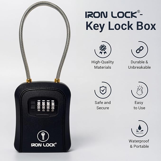 Iron Lock® Key Lock Box Portable with Cable Shackle & Wall Mount – Waterproof Metal Lock Box for Keys with 4-Digit Combination & Resettable Code – Indoor/Outdoor Key Safe (Black, Medium)