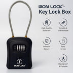 Iron Lock® Key Lock Box Portable with Cable Shackle & Wall Mount – Waterproof Metal Lock Box for Keys with 4-Digit Combination & Resettable Code – Indoor/Outdoor Key Safe (Black, Medium)