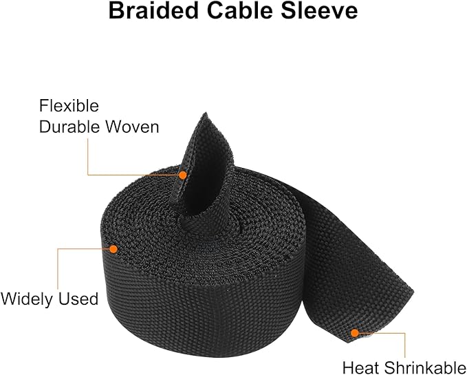 MECCANIXITY Braided Cable Sleeves Heat Shrinkable Fabric Sleeving, 7/8" 10ft Black 2:1 Ratio Heat Shrinkable Cord Protector for Harness Cable, Network Cable Protection, Cable Management