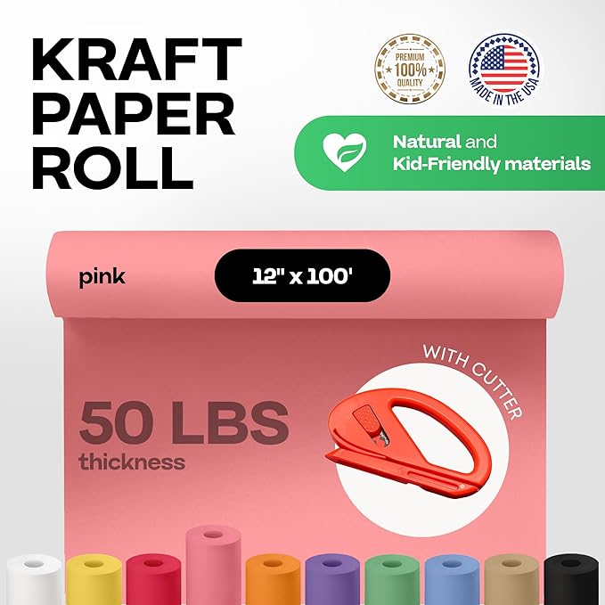 Pink Kraft Paper Roll 12" x 1200" (100 feet) with Cutter - USA-Made Wrapping Paper for Packing, Moving, Shipping & Crafts/Arts - 100% Recyclable Natural Craft Material by IDL Packaging