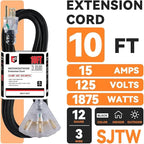 EP 10 Ft Lighted Outdoor Extension Cord with 3 Electrical Power Outlets - 12/3 SJTW Heavy Duty Black Extension Cable with 3 Prong Grounded Plug for Safety, UL Listed