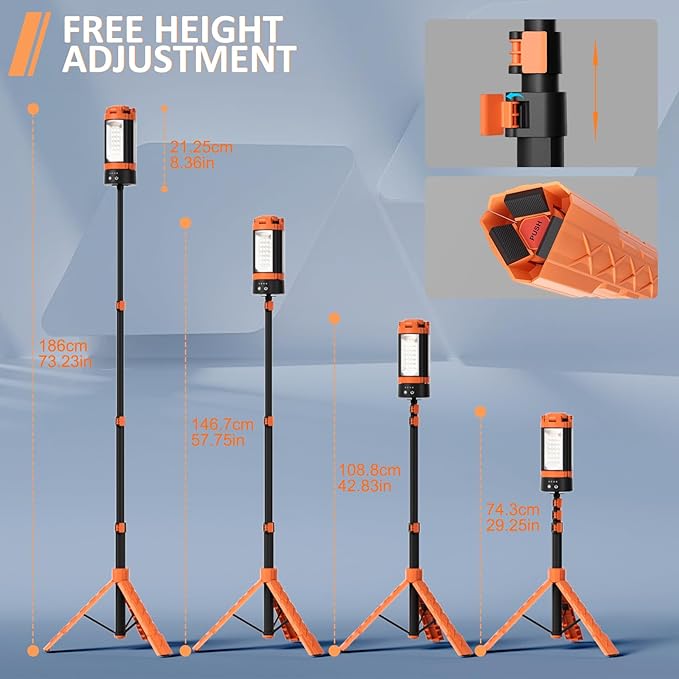 Rechargeable Camping Light with Stand 73" 2500LM 12000mAh, Magnet Work Light Cordless, with 3 Page Head, Hooks & Carrying Bag, Job Site Workshop Outside Orange
