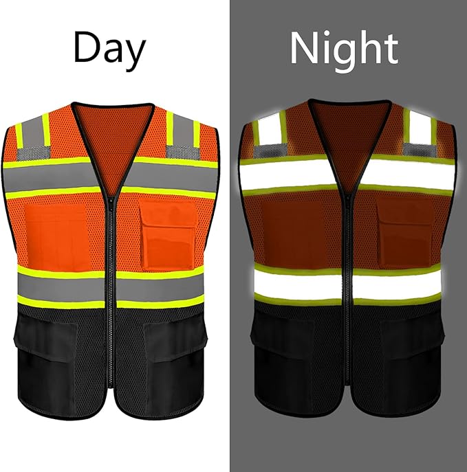 Safety Vest Customize Logo with 5 Pockets & Zipper Reflective High Visibility Vest Class 2 Outdoor Workwear
