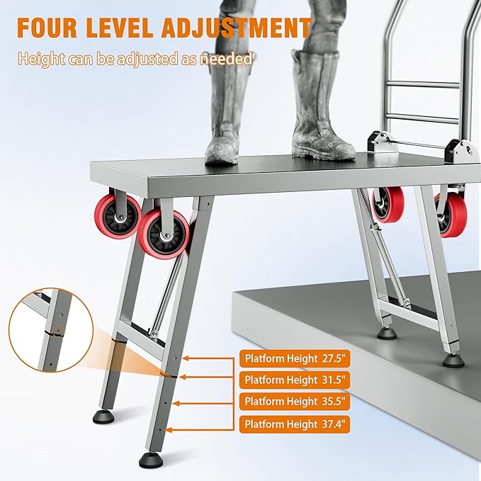 2IN1 43"×24" Foldable Platform Truck, Portable Ladder Platform, Height Adjustable Work Scaffolding, 2200lbs Capacity Heavy Duty Flatbed Bed Cart w/2 Swivel Casters