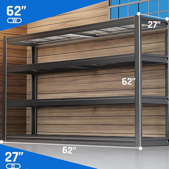 62" W Garage Shelving Heavy Duty, 4 Tier Garage Shelves, 27" D Adjustable Storage Shelving Unit, Commercial Metal Shelf for Warehouse, Pantry, School, Shop, 62" Wx27 Dx62 H, 2 Pack