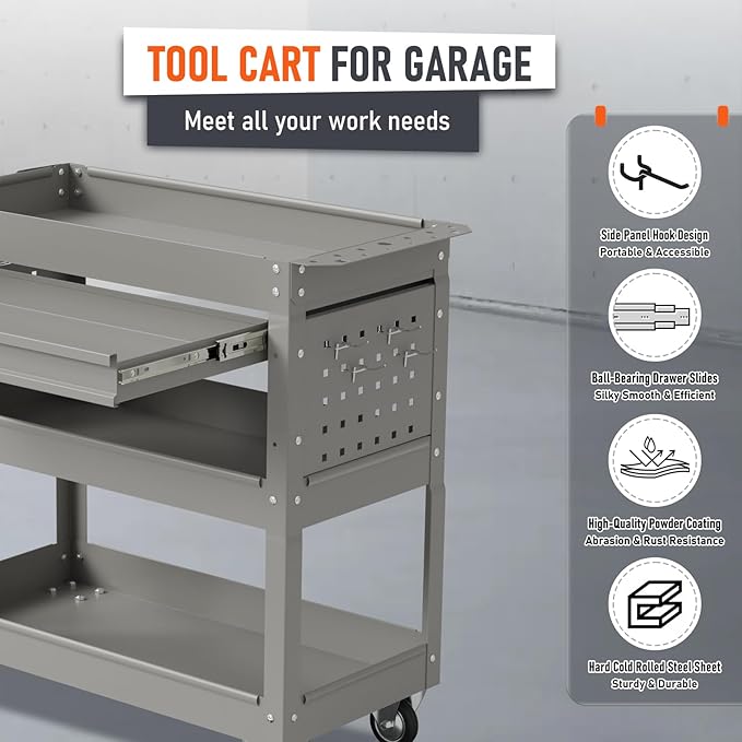 3 Tier Rolling Tool Cart, Heavy Duty Tool Cart on Wheels for Mechanics,400 LBS Tool Cart with Drawers for Garage, Warehouse & Repair Shop (Gray)