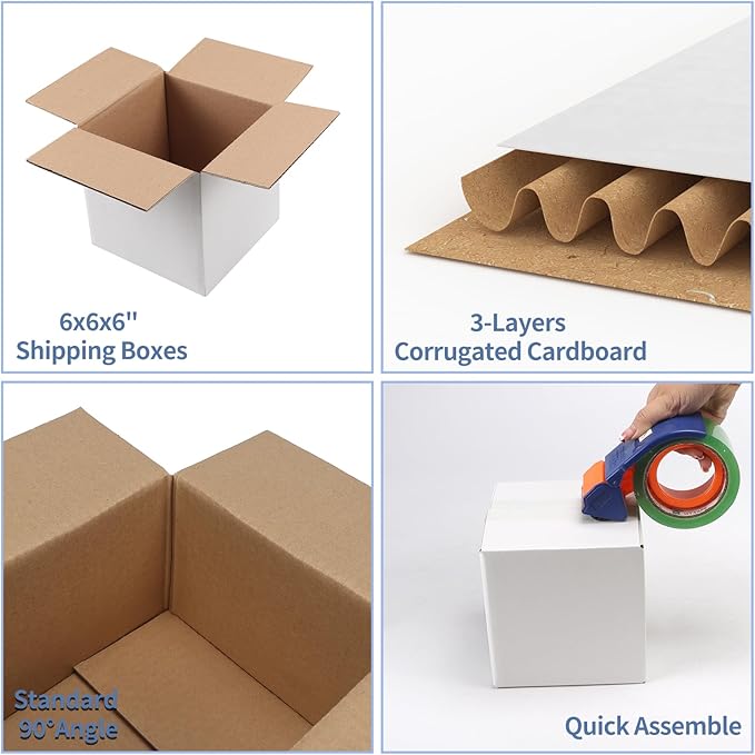 Hoikwo 6x6x6 Shipping Boxes Set of 25, White Corrugated Cardboard Box for Small Business for Packaging Mailing