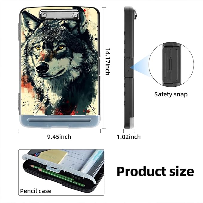 Clipboard with Storage Box & Pen Holder,Heavy Duty Clip Boards 8.5x11 for Nursing,High Capacity,School & Office Supplies,Wolf Art