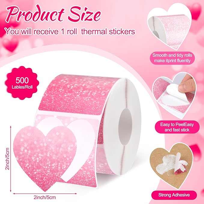 Ctosree 500 Pcs/ 1 Roll Thermal Sticker Labels Self Adhesive Direct Thermal Labels Multipurpose Printer Stickers for DIY, Name Tag(Heart,2 Inches,Shimmering Pink Gradient)