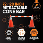 Retractable Barrier for Safety Traffic Cones - 2" OD - Large Yellow and Black Bar Barricade - for Road Construction, Parking, Warning, Temporary Security Divider (720, Orange & White, 72" x 120")