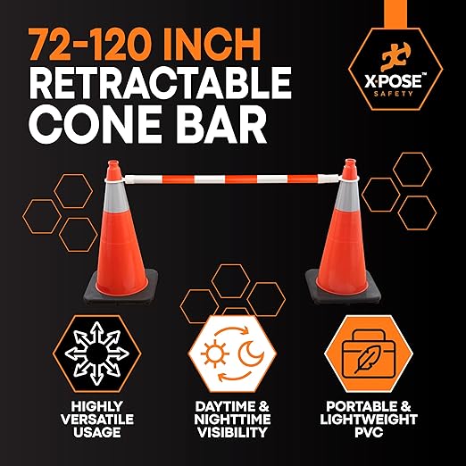 Retractable Barrier for Safety Traffic Cones - 2" OD - Large Yellow and Black Bar Barricade - for Road Construction, Parking, Warning, Temporary Security Divider (80, Orange & White, 72" x 120")