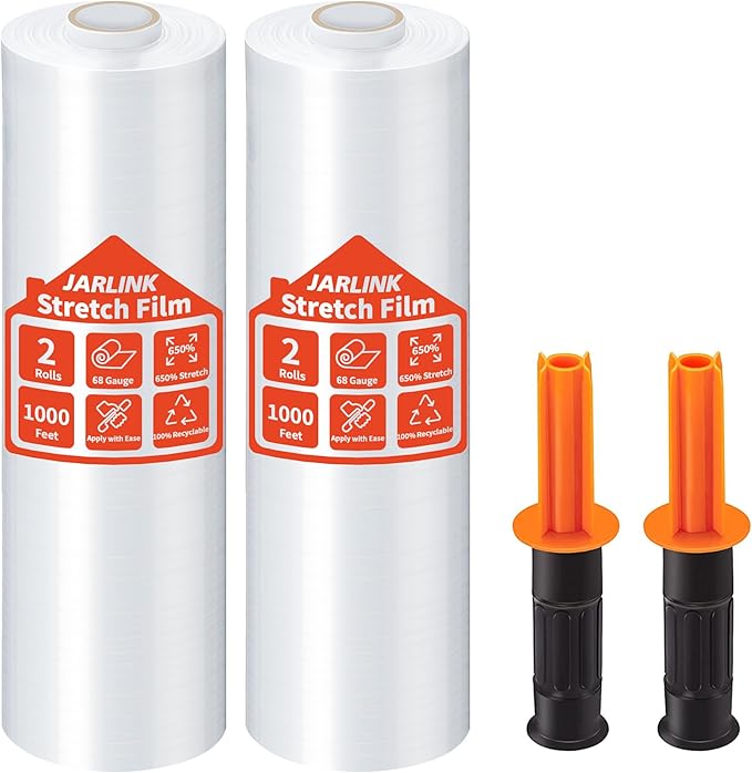 JARLINK 2 Pack Stretch Film, 15" x 1000ft Shrink Wrap for Pallet Wrap, Industrial Strength Stretch up to 650% Stretch with Handles, Self Adhering Packaging Heavy Duty Film for Moving, 68 Gauge, Clear