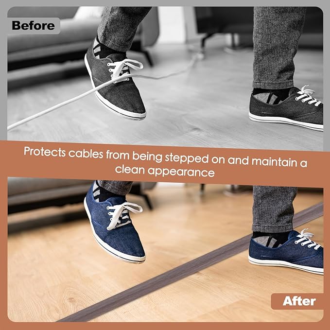 Floor Cord Cover for Wires on Floor Self Adhesive Cord Hider Floor Cable Management Wire Covers for Cords Protector Prevent Cable Trips Cord Cavity W 0.59" x H 0.31", Grayish Brown Wood, 20Ft