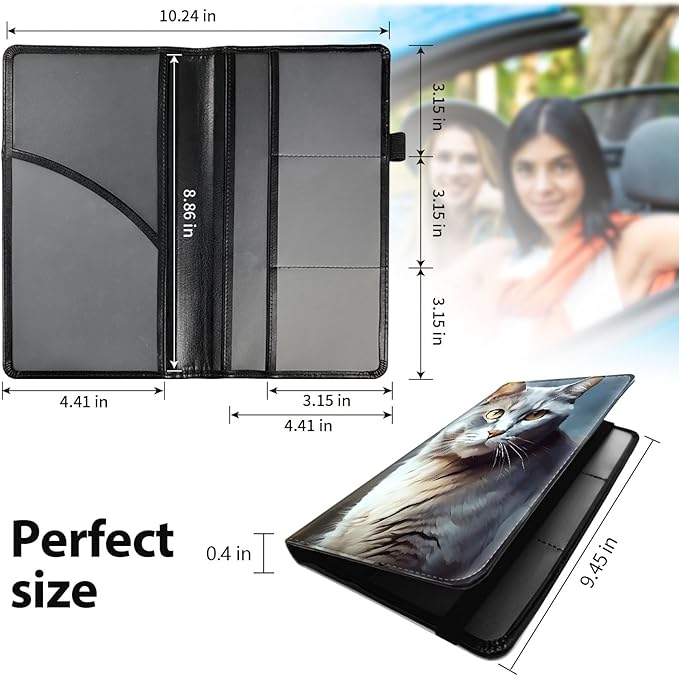 Car Registration and Insurance Holder, Leather Car Glove Box Organizer, Cool Car Accessories for ID, Driver's License Cards & Essential Document,business cards,Men&Women,Cat Grays