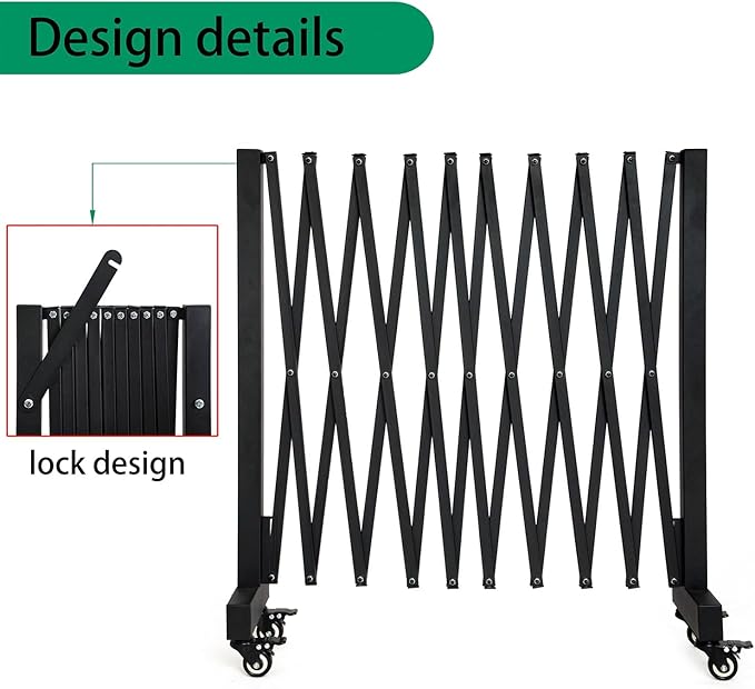 11.5FT Expandable Barricade Gate, Expandable Metal Barricade Gate Alloy Fence with Wheels, Retractable Crowd Control, for Industrial or Residential Use (Black, 11.5FT)