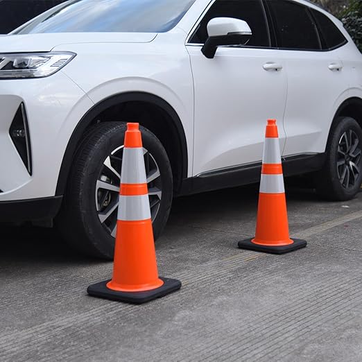 Fluorescent Orange PVC Traffic Cones, Heavy-Duty Black Base Garage Parking Lot Cones Structurally Stable Weatherproof Road Construction Safety Cones (8, Orange, 28" Large)
