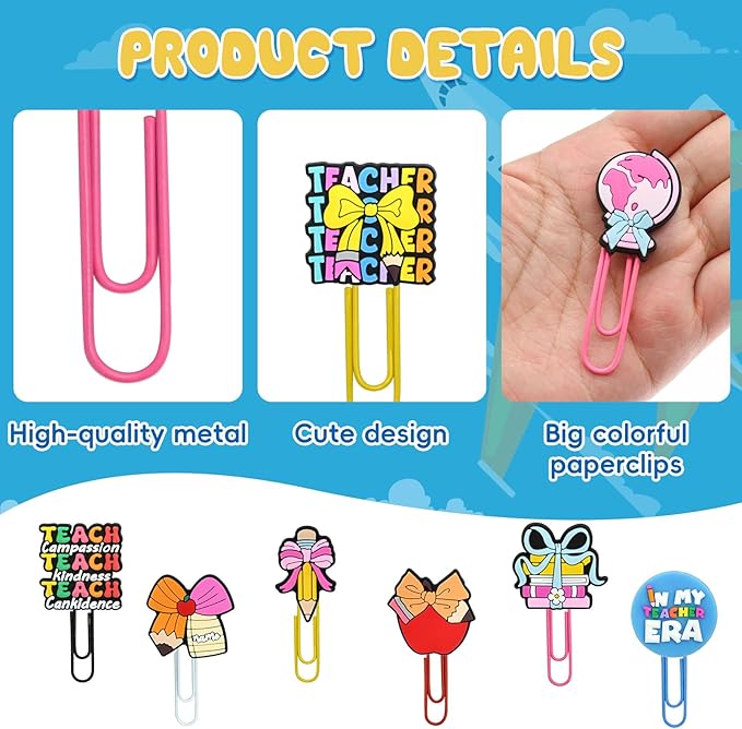 30 PCS Teacher Paper Clips Metal Paperclip Large Size Paper Clip Cute Bookmark Colorful Office Supplies Bookmark Clamp Desk Accessories Stationery for School Gifts for Christian