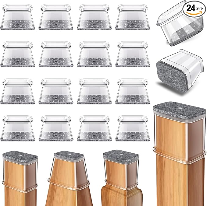24 Pcs Chair Leg Floor Protectors Rectangle, Silicone Felt Furniture Leg Pads Caps Covers for Hardwood Floors (Fit Perimeter 5" to 5‑7/8")