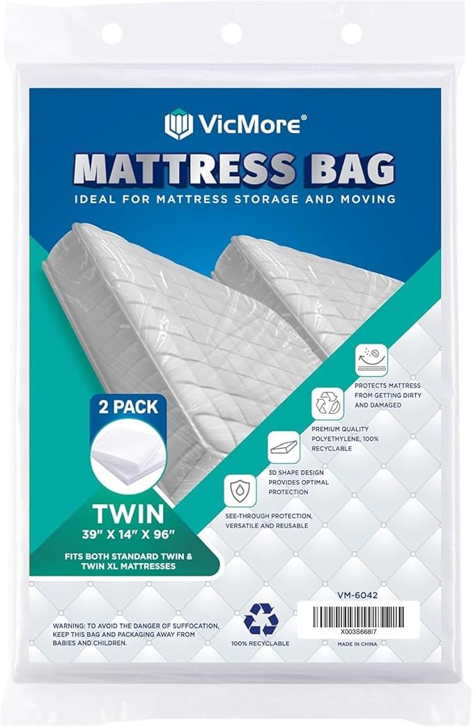 VICMORE Twin Mattress Bags 2-Pack - Heavy Duty Mattress Protector for Moving & Storage, 1.5 Mil Thick Plastic Covers, Tear-Resistant Dustproof, Fits Twin/Twin XL