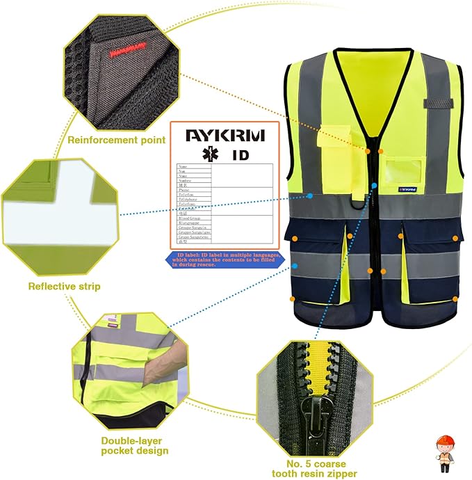 7 Pockets Hi Viz Zipper Front Working Safety Vest with Reflective Strips, Multiple Colors Available, Yellow&Navy, XXL