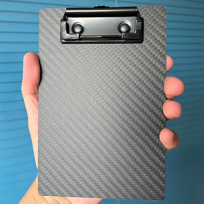 3K Carbon Fiber Clipboard Ultimate Light and Thin Portable Cool Black Twill Smooth Hard Writing Board Black Low Profile Clip Hide Hook Art Paint Draw (Black Clip, 4.3" Wx6.5 L)
