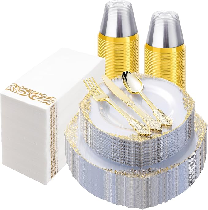 350PCS Clear Gold Plastic Plates for 50 Guests, Disposable Dinnerware Set Includes 100 Clear Disposable Plates, 150 Gold Silverware, 50 Cups, 50 Napkins for Party, Wedding