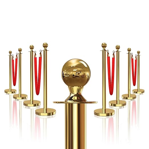 8PCS Gold Stanchions Posts with 4PCS 5 ft Red Velvet Rope, Red Velvet Rope Stanchion Set Crowd Control Barriers, Stanchions and Velvet Ropes Red Carpet Poles for Party Supplies