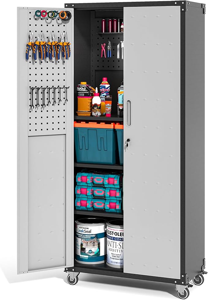 Metal Garage Storage Cabinet on Wheels, Lockable Rolling Tool Cabinet with Doors and Adjustable Shelves, Heavy Duty Mobile Tool Cabinets for Garage Warehouse Workshop