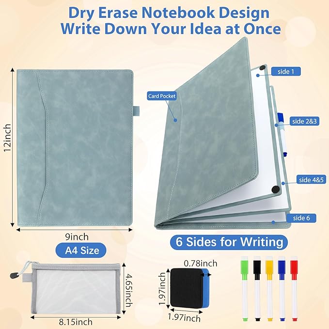 6 Sides Whiteboard Notebook Portable Whiteboard Dry Erase Notebook Portable Dry Erase Board Double Sided Folding Whiteboards White Board for Office Study Meeting(Haze Blue,A4: 9"×12”)