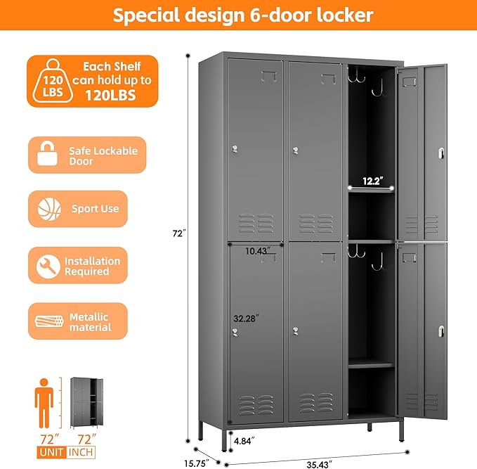 Employees Locker, 72" inch Tall Metal Storage Locker with 6 Doors for School Hospital Garage Gym Home Office with 12 Hooks, Requires Assembly (Dark Grey)