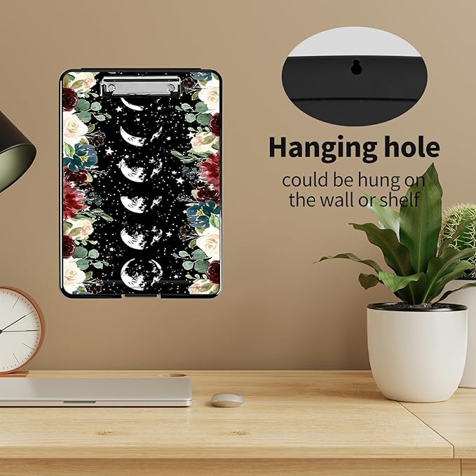 A4 Clipboards,Heavy Duty Waterproof Nursing Plastic Folder Clipboard with Storage Clip Boards,File Folder Storage Box Clipboard Case for Teacher,Doctor,Offices,Moon Wild Floral