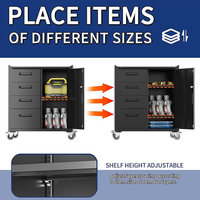 Metal Tool Cabinet,Garage Storage Cabinet System,Wall Cabinet & Locking Rolling Tool Cabinet with Doors and Adjustable Shelves,Steel Tool Cabinets for Home (2 Pcs-Styled, Black)