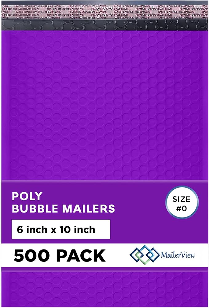 Purple Small Poly Bubble Mailers 6x10 inch #0 | Self Seal Padded Envelopes | Cushioned Bubble Mailer | Usable Size 6x9 | WaterProof | Lightweight mailing Shipping Bags | 500 Pack Bulk