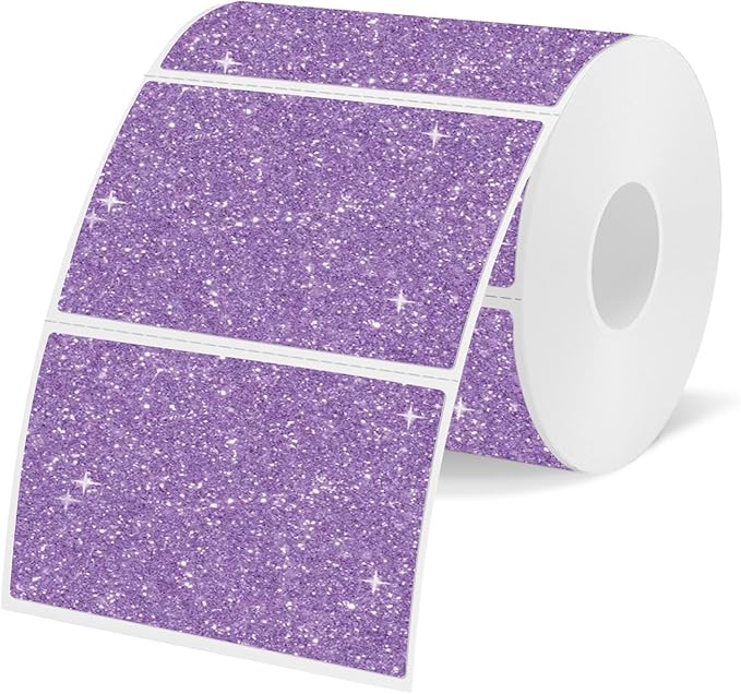 3x2 Inch Holographic Thermal Labels, Purple Thermal Sticker Labels, Glitter Thermal Stickers for DIY Custom Logo, Perforation Line Design- 200 Sheets
