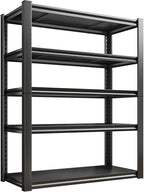 Raybee Storage Shelves, 72" H Garage Shelving, 5-Tier Adjustable Garage Shelves, 2000LBS Metal Shelving for Basement, Garage, Warehouse, Pantry, 72" H x 31.5" W x 16.5" D, Black
