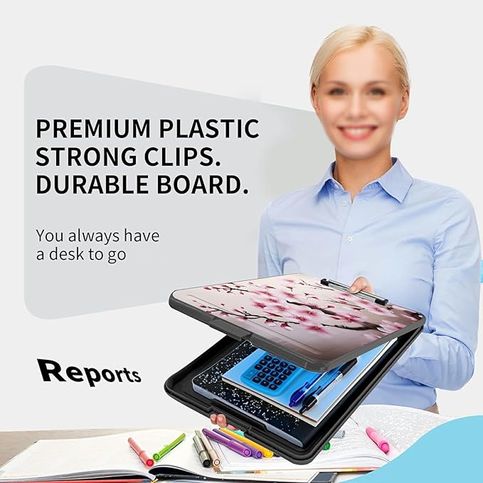 A4 Clipboards,Folder Clipboard with Storage Cherry Blossom Heavy Duty Clip Boards Waterproof Nursing Plastic File Folder Storage Box Clipboard Case for Teacher,Doctor,Office
