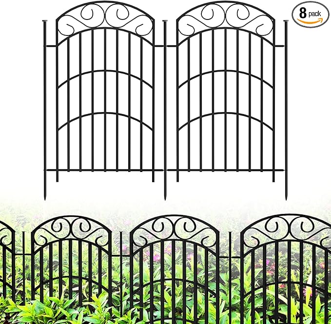 8 Panels 40in(H) Decorative Garden Fence, Total 18ft L Heavy Duty Iron Metal No Dig Animal Barrier Fence, Tall Garden Border Fencing, Temporary Dog Fencing Outdoor for Yard