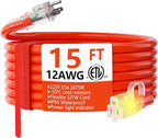 HUANCHAIN 12/3 Gauge Heavy Duty Outdoor Extension Cord 15 ft Waterproof with Lighted end, Flexible Cold-Resistant 3 Prong Electric Cord Outside, 15Amp 1875W 12AWG SJTW, Orange, ETL