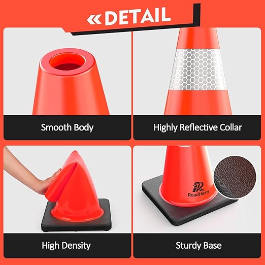 RoadHero 8 Pack Traffic Safety Cones 18 Inch, PVC Cone with Black Weighted Base, Orange Cones with Reflective Collar, Cones for Parking Lot, Construction Events, Road Safety