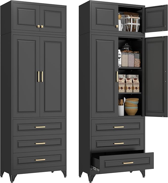 Kitchen Pantry Cabinet, 90" Tall Cabinet with Three Drawers, Metal Food Pantry Cabinet and Shelves, Freestanding Cupboards for Dining, Living Room, Black,16" D x 32" W x 90" H, Assembly Required