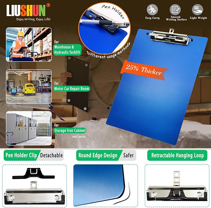 Aluminum Magnetic Clipboard A4 Metal Strong Fixed Magnet Message Clip Board Stainless Hangable w/Pen Holder Letter 9" x 12.6" for School Office Forklift Factory Workshops Garage Wharf Supplies (Blue)