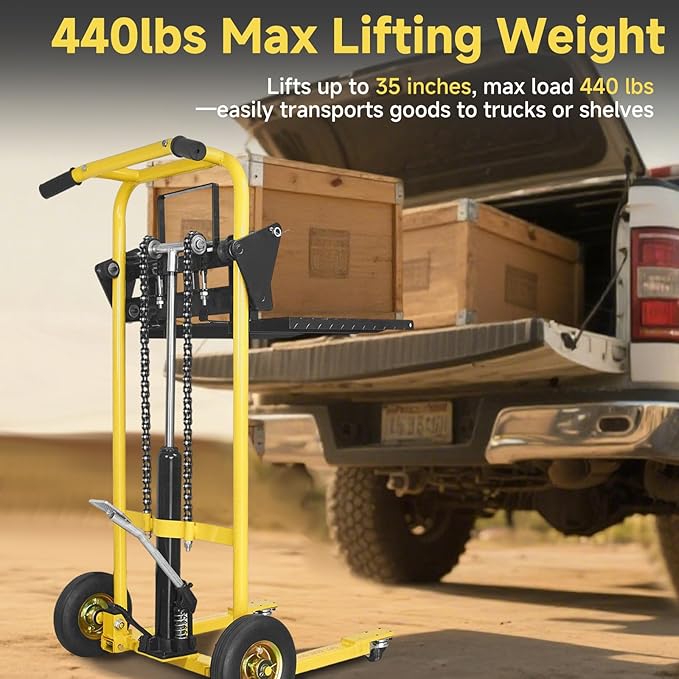Hydraulic Material Lift, Pallet Jack Table Cart- 480-Lb. Capacity, 35in Lift. with Swivel Wheels, Steel Platform Board (03 Yellow, 480 LB)