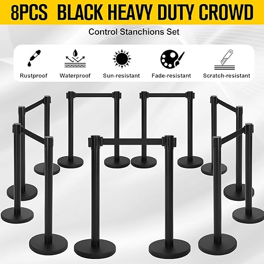 Therwen 8 Pcs Stanchions with 8.2 ft Retractable Belt Black Crowd Control Stanchions Set and Stanchion Post Sign Easy to Assemble Line Dividers Queue Ropes for Theaters, Weddings, Exhibitions
