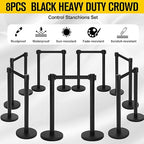 Therwen 8 Pcs Stanchions with 8.2 ft Retractable Belt Black Crowd Control Stanchions Set and Stanchion Post Sign Easy to Assemble Line Dividers Queue Ropes for Theaters, Weddings, Exhibitions