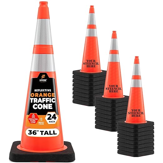 Xpose Safety 36 Inch Orange Traffic Cones Heavy Duty 15lb with 6" & 4" Collars, 24 Pack - Multipurpose PVC Plastic Safety Cone for Parking, Soccer, Caution, Kids and Construction - DOT Approved
