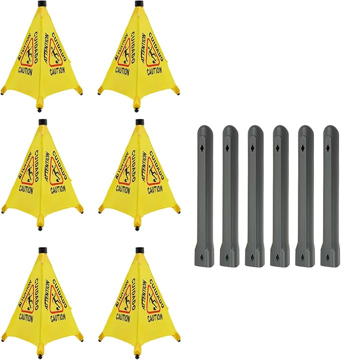 6 Pcs Pop up Wet Floor Sign, 20 Inch Slippery When Wet Sign with Storage Tube, 4-Sided Yellow Safety Warning Caution Cone for Commercial Industrial Office Use