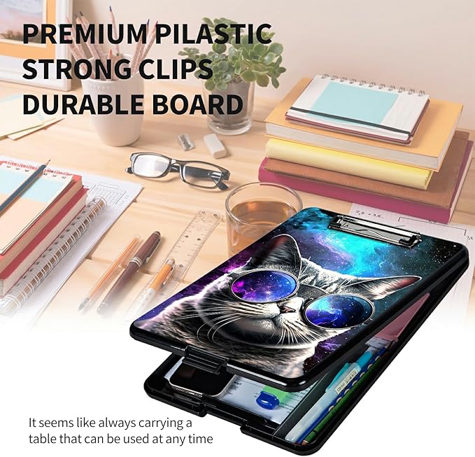A4 Clipboards,Heavy Duty Waterproof Nursing Plastic Folder Clipboard with Storage Clip Boards,File Folder Storage Box Clipboard Case for Teacher,Doctor,Offices,Galaxy Hipster Cat