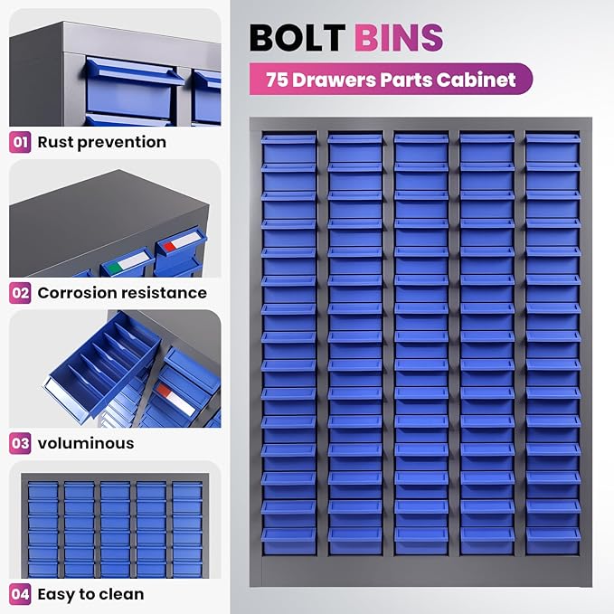 75 Drawers Nut and Bolt Organizer, 26x9x35.4 Stainless Steel Parts Cabinet with Shelfs & Labels Bolt Organizer for Workshop Tool & Hardware Storage and Organization (75 Drawers)